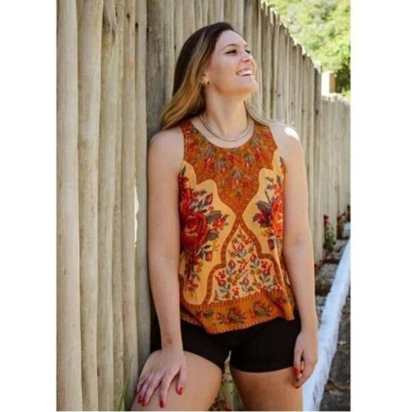 Farm Rio Anthropologie Cross Stitch Floral Tank Top Sleeveless S - Picture 1 of 6